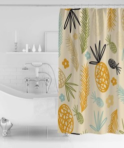 Pineapple and Palm Leaves Illustration Decorative Shower Curtain for Bathroom
