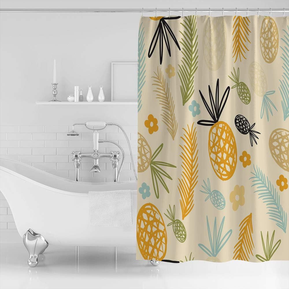 Pineapple and Palm Leaves Illustration Decorative Shower Curtain for Bathroom