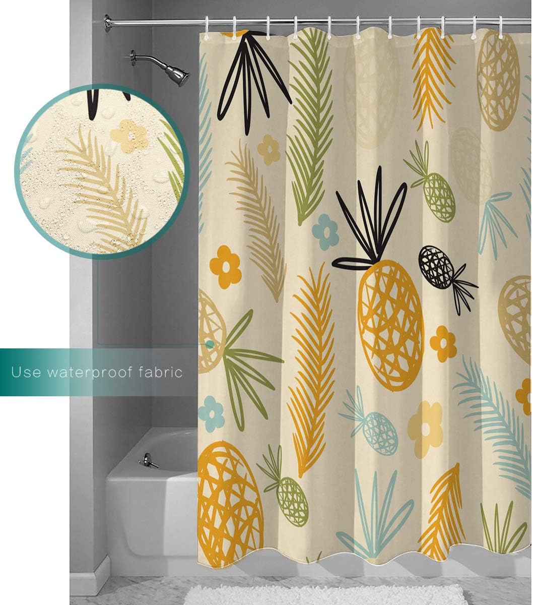 Pineapple and Palm Leaves Illustration Decorative Shower Curtain for Bathroom