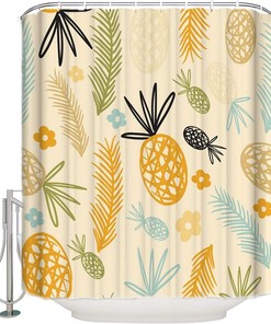 Pineapple and Palm Leaves Illustration Decorative Shower Curtain for Bathroom