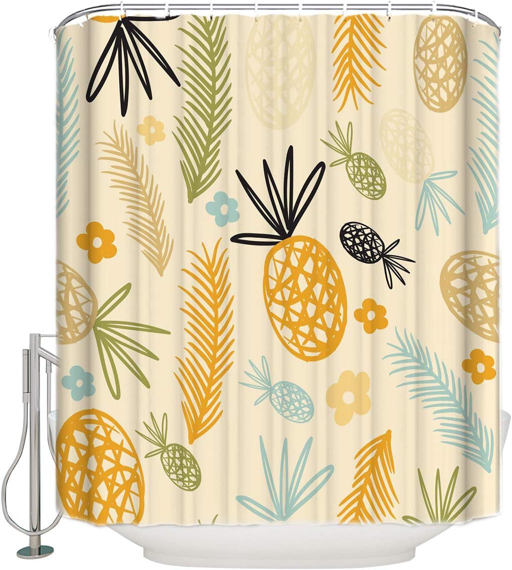 Pineapple and Palm Leaves Illustration Decorative Shower Curtain for Bathroom