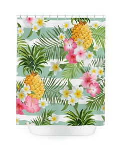 Pineapple and Tropical Flowers Shower Curtain - Beachy Bathroom Decor 