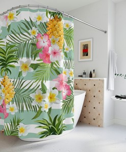 Pineapple and Tropical Flowers Shower Curtain - Beachy Bathroom Decor 