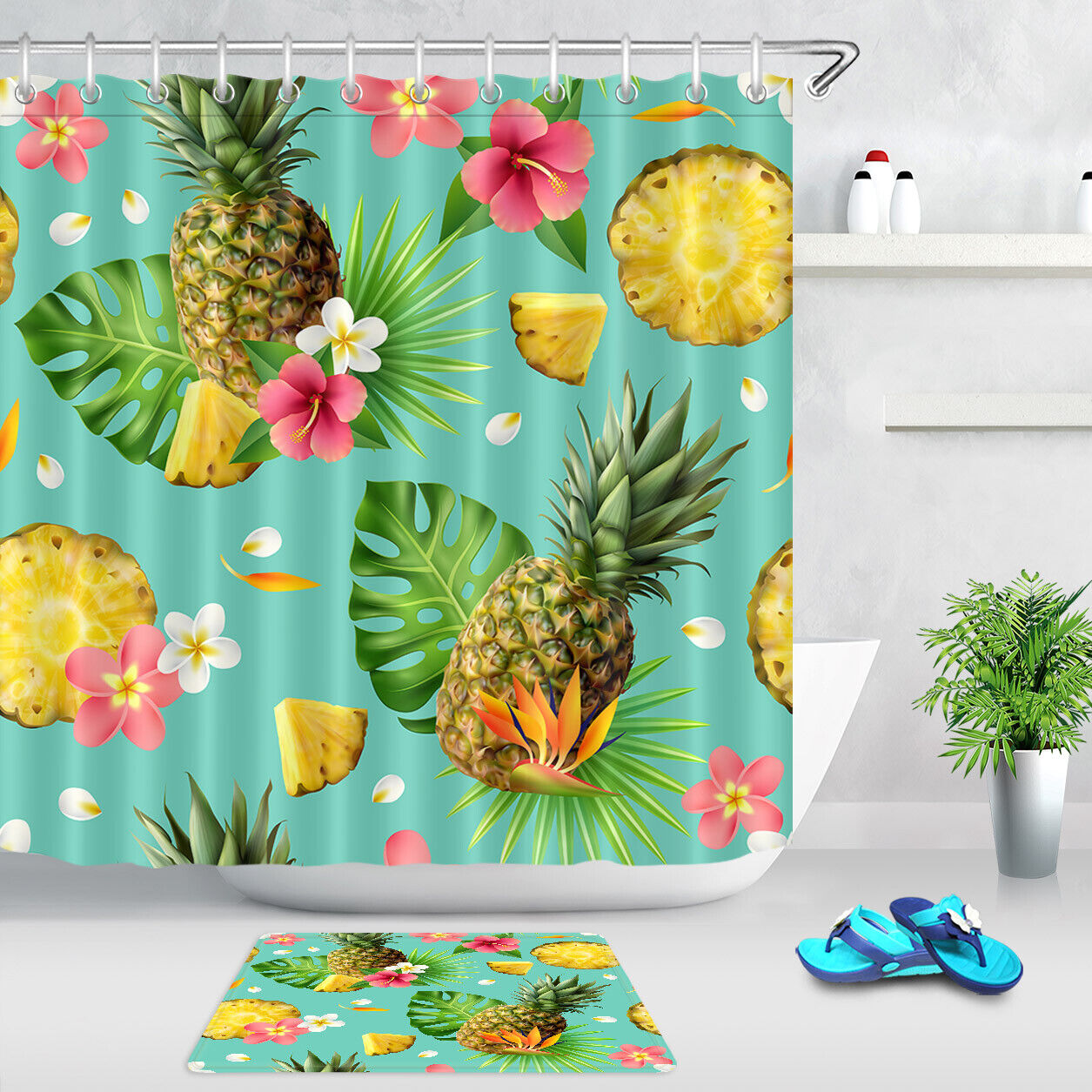 Pineapple and Tropical Leaves Shower Curtain for a Playful Bathroom Decor