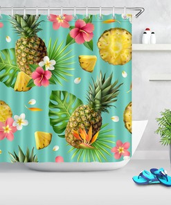 Pineapple and Tropical Leaves Shower Curtain for a Playful Bathroom Decor