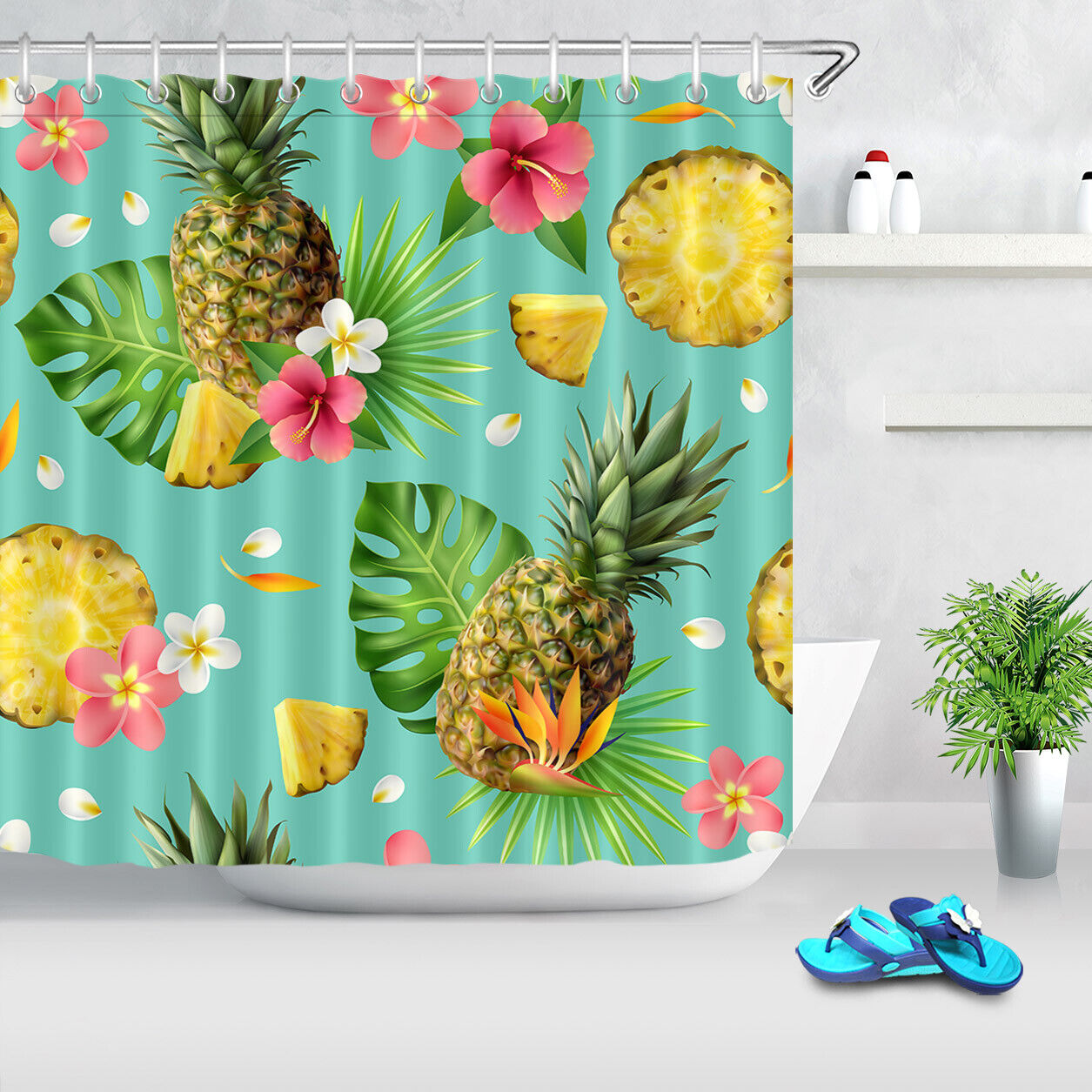 Pineapple and Tropical Leaves Shower Curtain for a Playful Bathroom Decor
