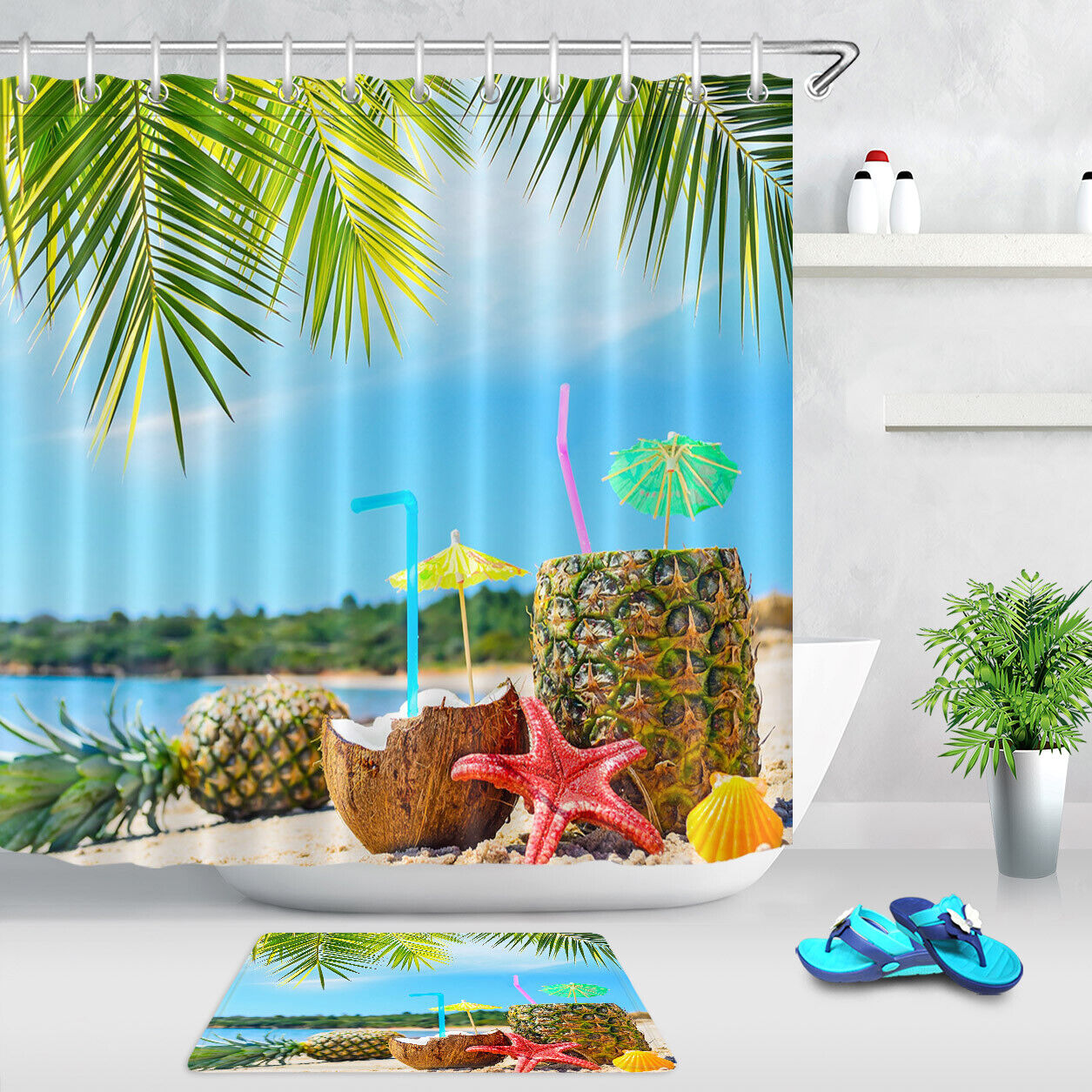 Pineapples And Palm Tree Fabric Shower Curtain - Perfect Beachy Decorr For Any Bathroom