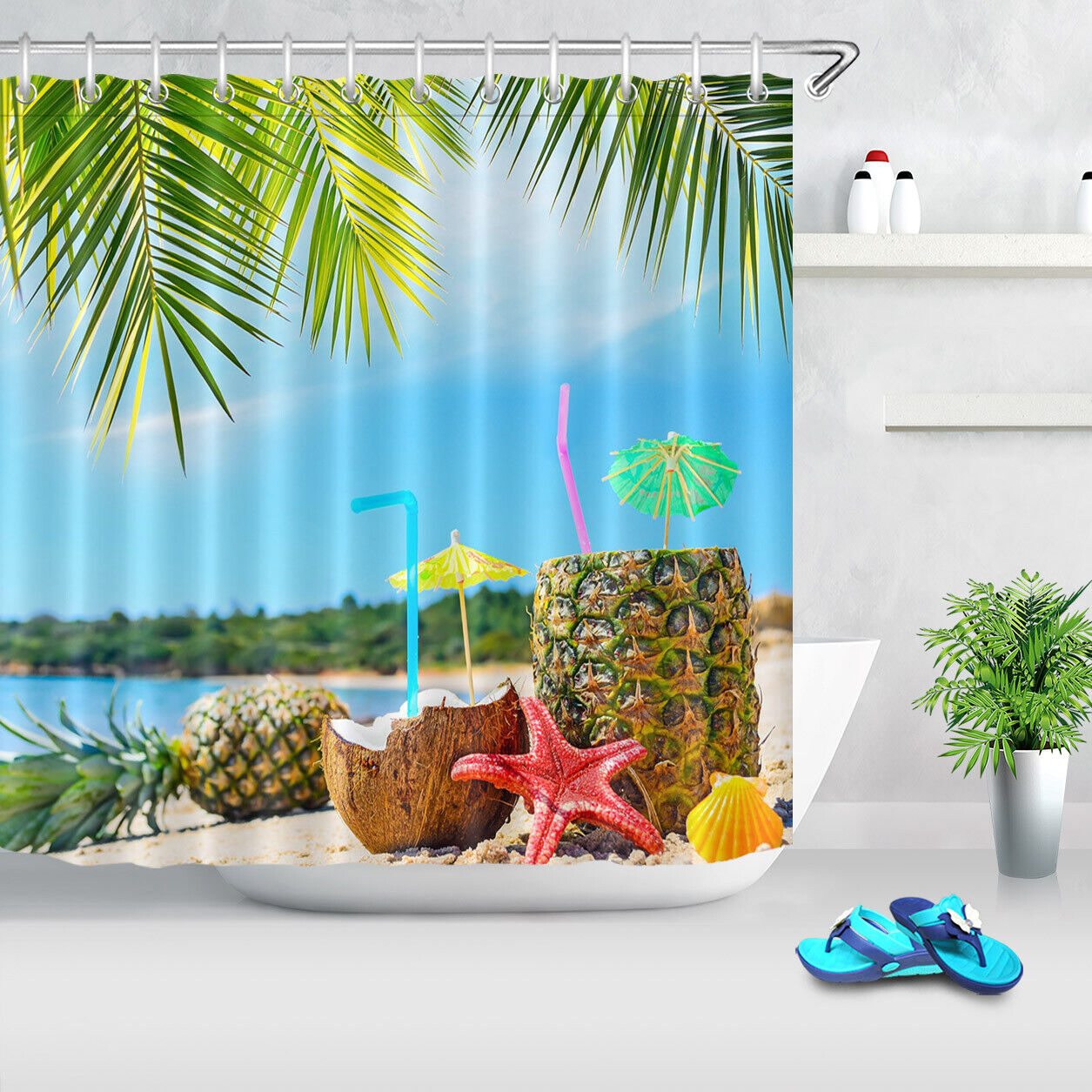Pineapples And Palm Tree Fabric Shower Curtain - Perfect Beachy Decorr For Any Bathroom - Image 2