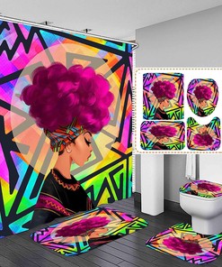 Pink And Black Bathroom Decor Set With African American Shower Curtain