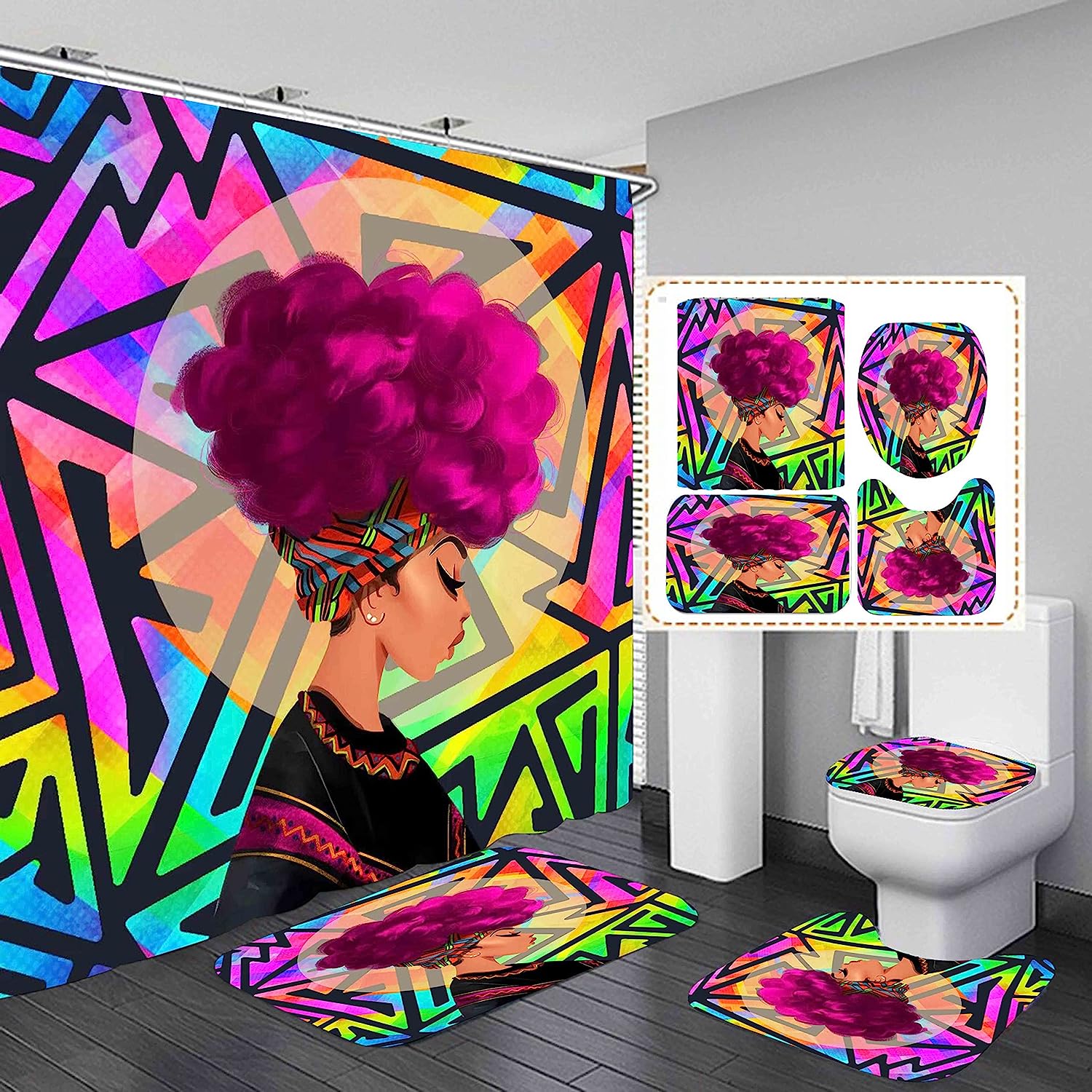 Pink And Black Bathroom Decor Set With African American Shower Curtain