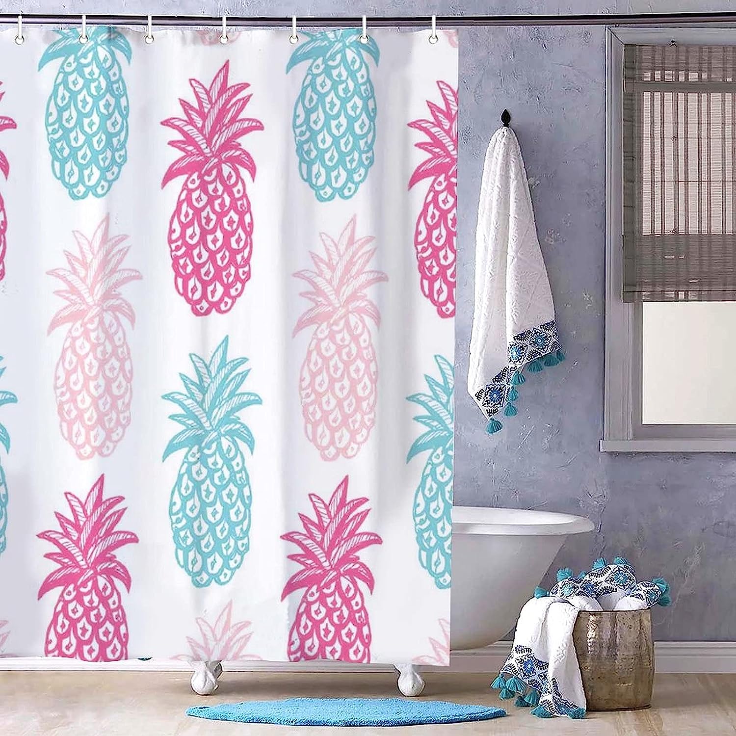 Pink And Blue Pineapple Summer Shower Curtain - Fun And Colorful Fabric Curtain For Your Bathroom