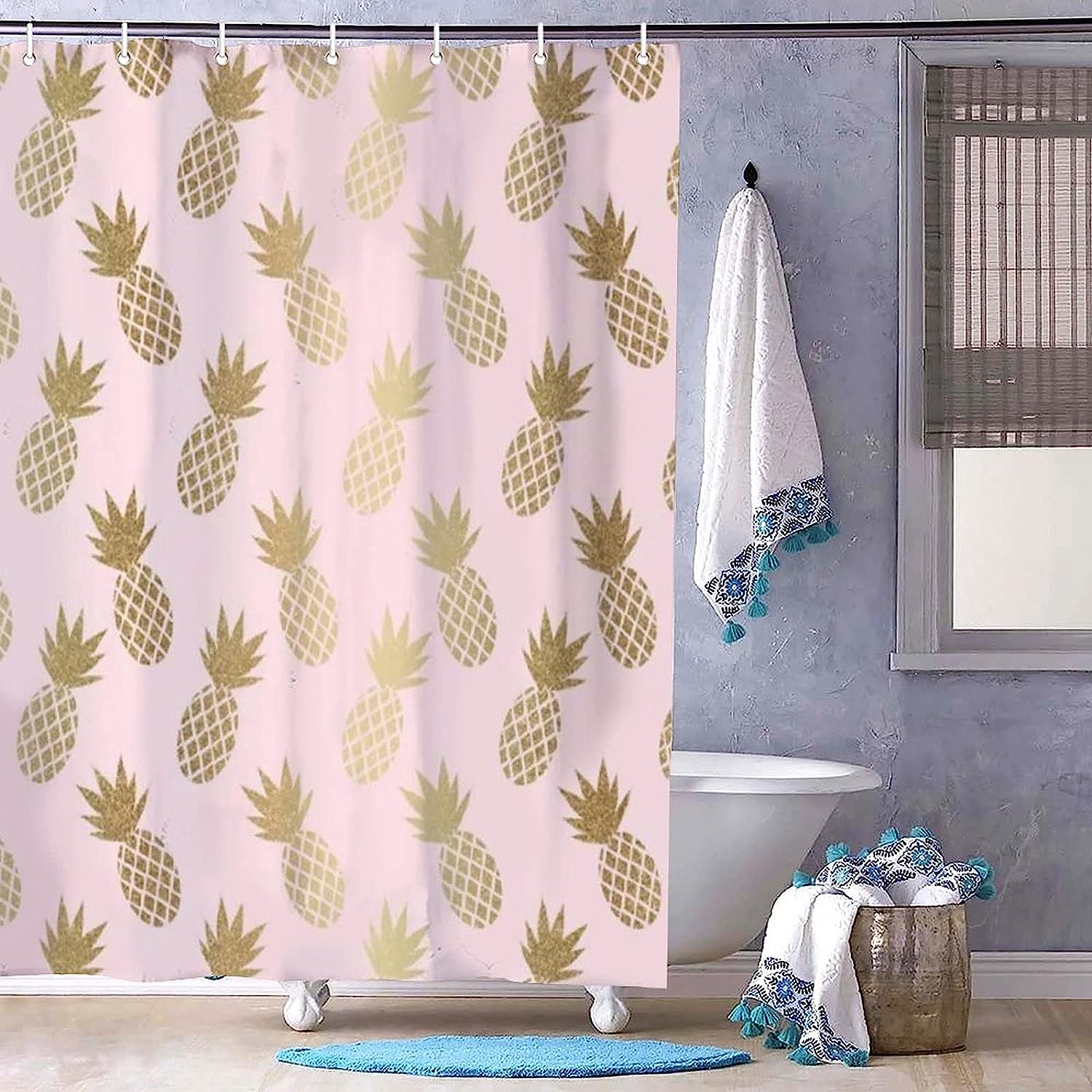 Pink And Gold Pineapples Decorative Shower Curtain - Stylish And Elegant Fabric Curtain For Your Bathroom