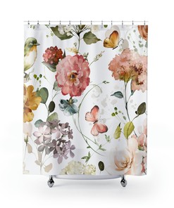 Pink And Green Garden Butterfly Shower Curtain, Rustic And Chic Bathroom Decor, Waterproof Fabric Curtain