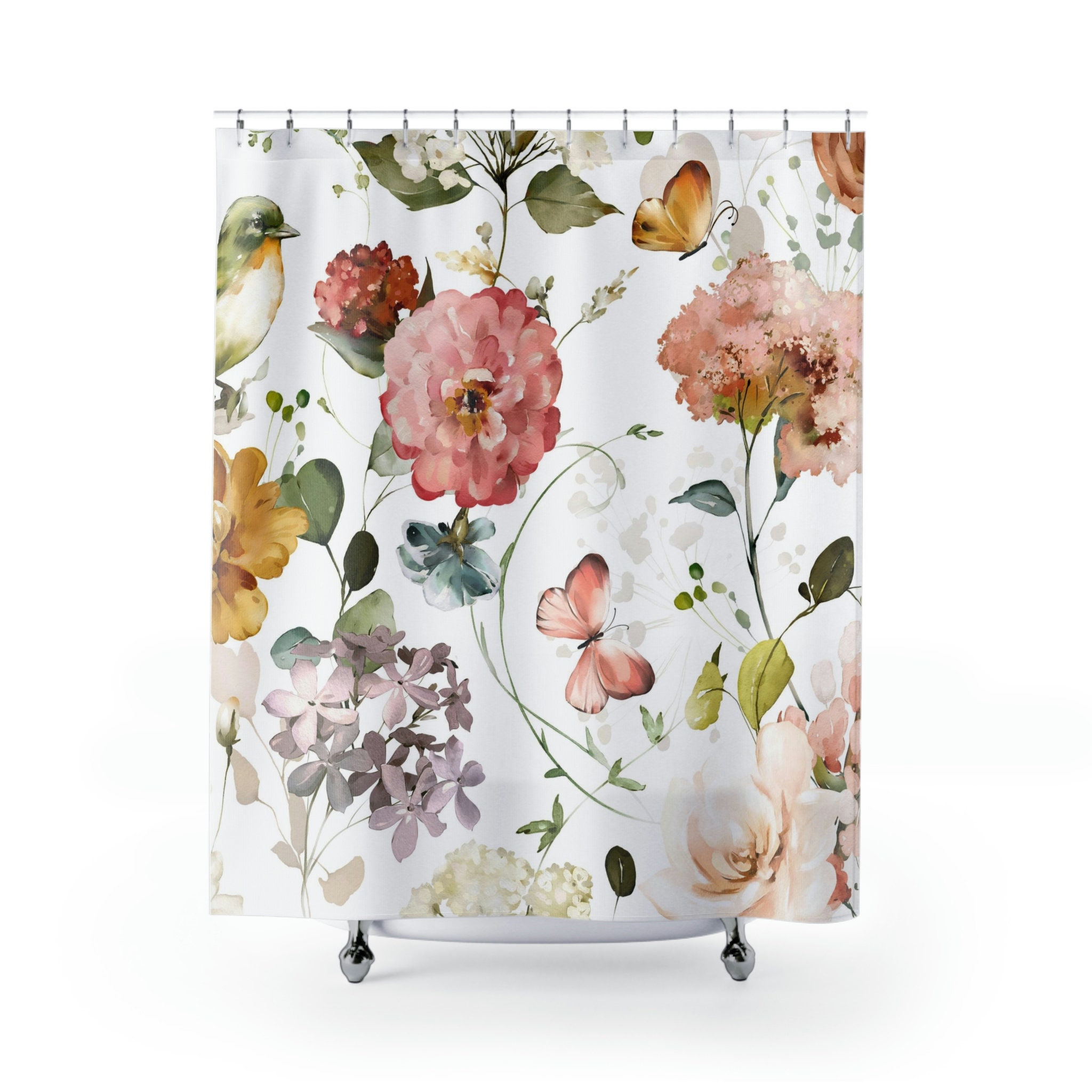 Pink And Green Garden Butterfly Shower Curtain, Rustic And Chic Bathroom Decor, Waterproof Fabric Curtain
