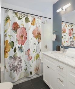 Pink And Green Garden Butterfly Shower Curtain, Rustic And Chic Bathroom Decor, Waterproof Fabric Curtain