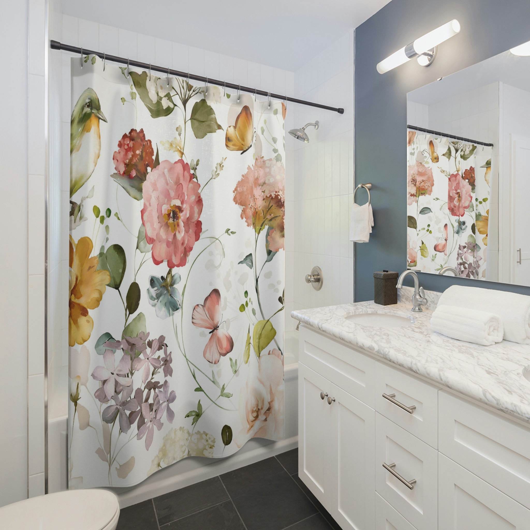 Pink And Green Garden Butterfly Shower Curtain, Rustic And Chic Bathroom Decor, Waterproof Fabric Curtain