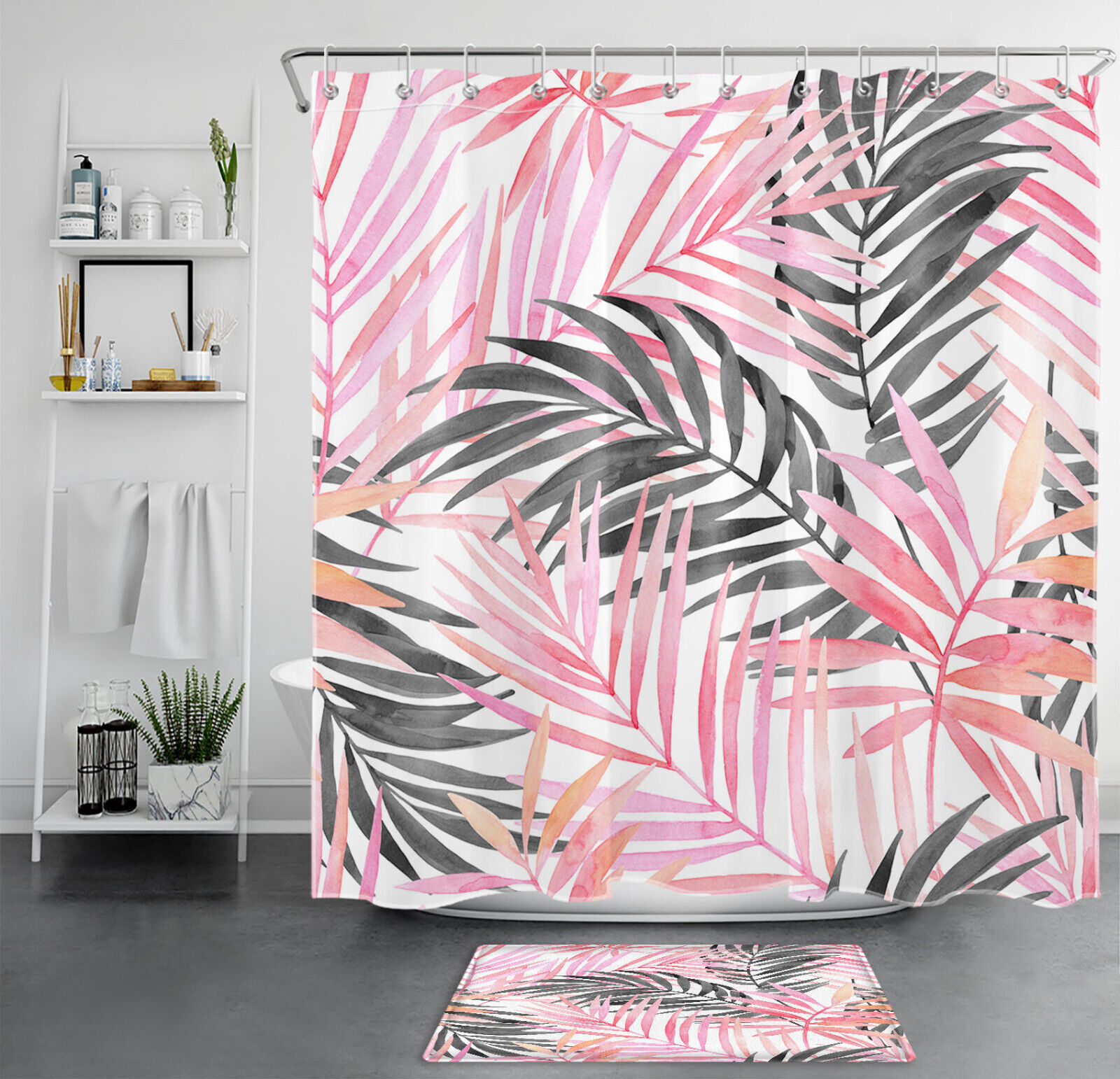 Pink And Grey Palm Leaf Vintage Shower Curtain