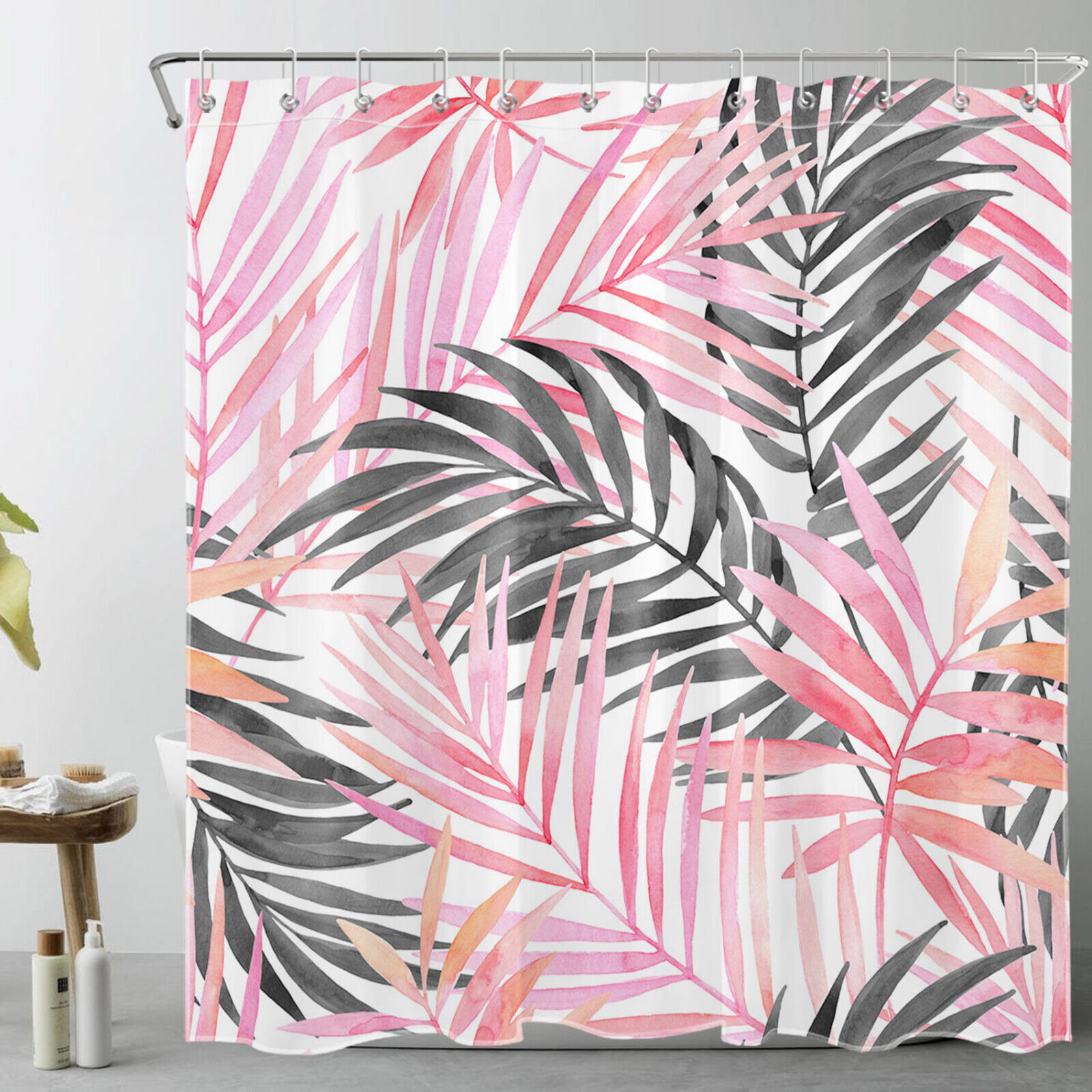 Pink And Grey Palm Leaf Vintage Shower Curtain - Image 2