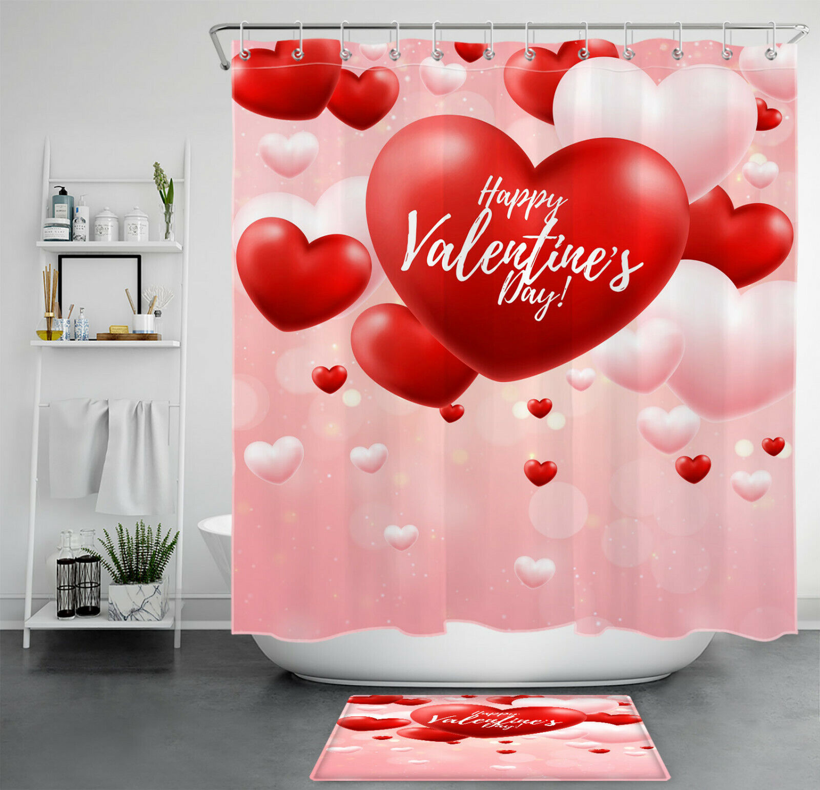 Pink And Red Heart Balloons Shower Curtain | Valentine's Day Bathroom Decor