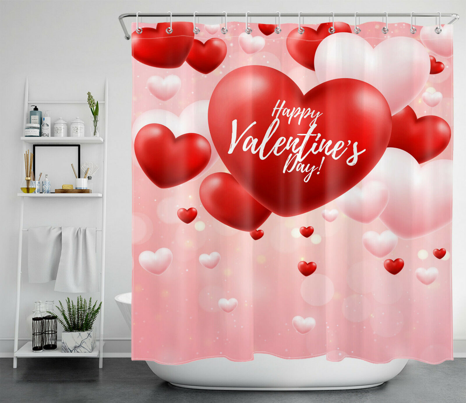 Pink And Red Heart Balloons Shower Curtain | Valentine's Day Bathroom Decor