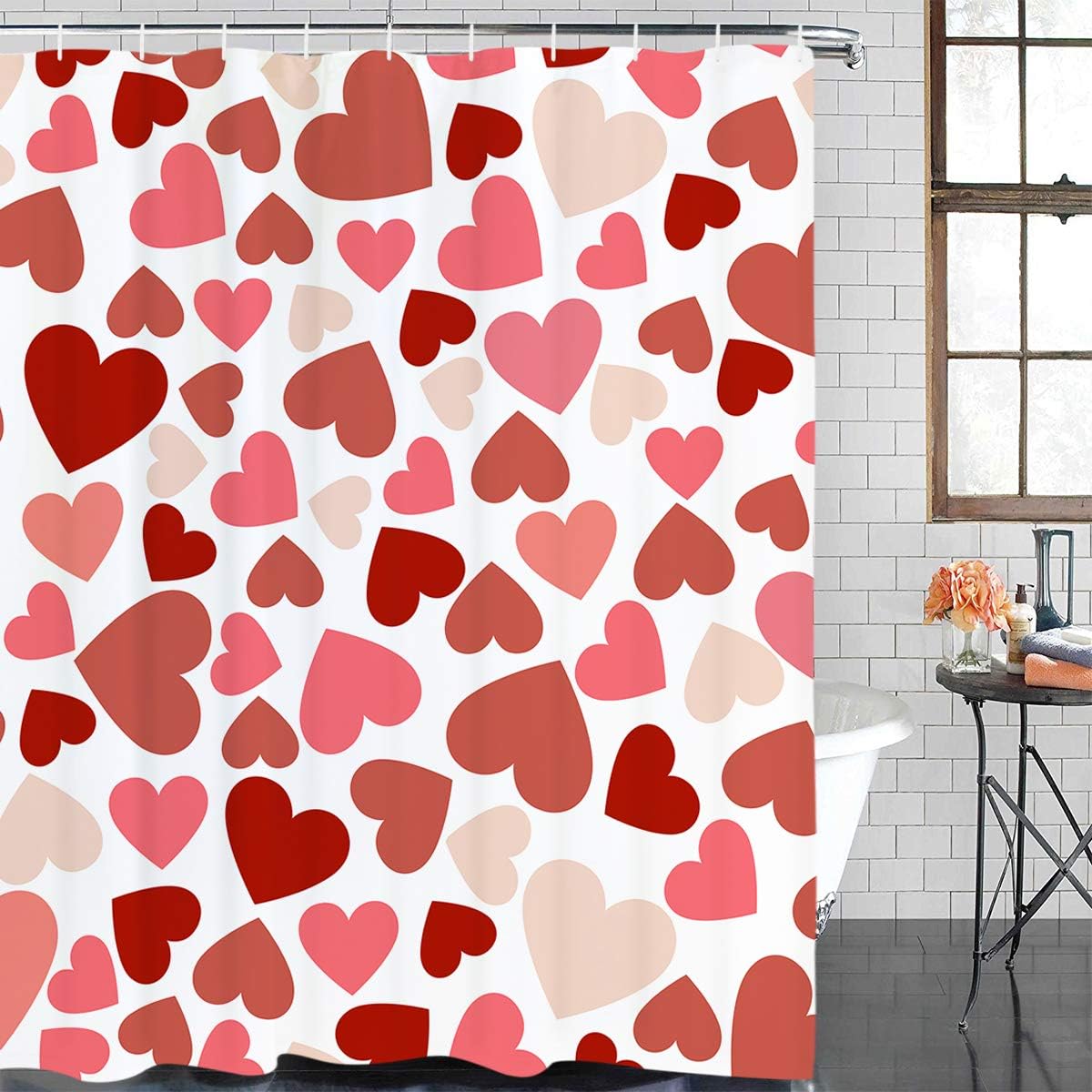 Pink And Red Sweet Heart Valentine'S Day Shower Curtain For Romantic Bathroom Decor
