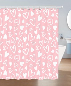 Pink And White Hearts Love Fabric Waterproof Shower Curtain For Your Elegant Bathroom