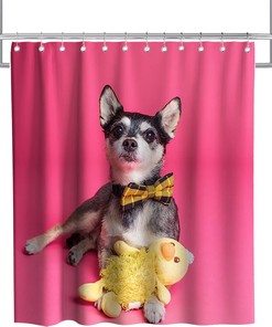 Pink Background Happy Pet Vintage Bathroom Shower Curtain Waterproof Washable Pink Yellow