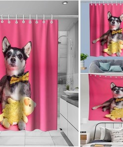 Pink Background Happy Pet Vintage Bathroom Shower Curtain Waterproof Washable Pink Yellow