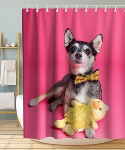 Pink Background Happy Pet Vintage Bathroom Shower Curtain Waterproof Washable Pink Yellow
