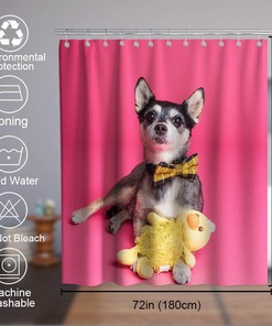 Pink Background Happy Pet Vintage Bathroom Shower Curtain Waterproof Washable Pink Yellow