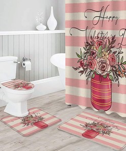 Pink Beige Striped Roses Flowers Burlap Print Shower Curtain for Valentine's Day