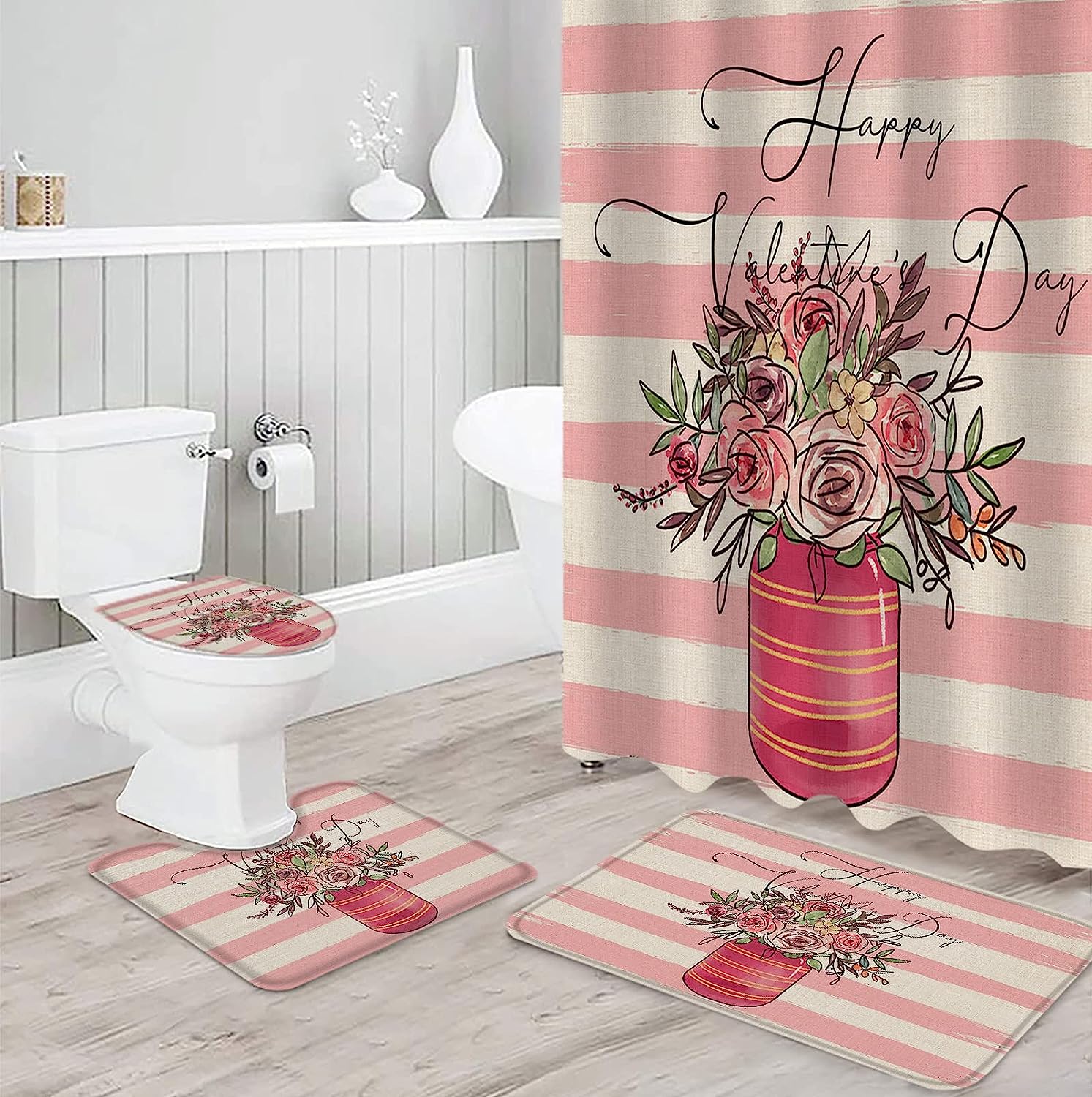 Pink Beige Striped Roses Flowers Burlap Print Shower Curtain for Valentine's Day