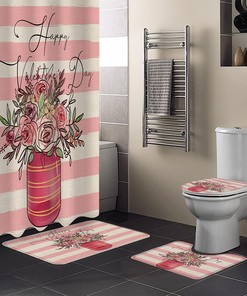 Pink Beige Striped Roses Flowers Burlap Print Shower Curtain for Valentine's Day