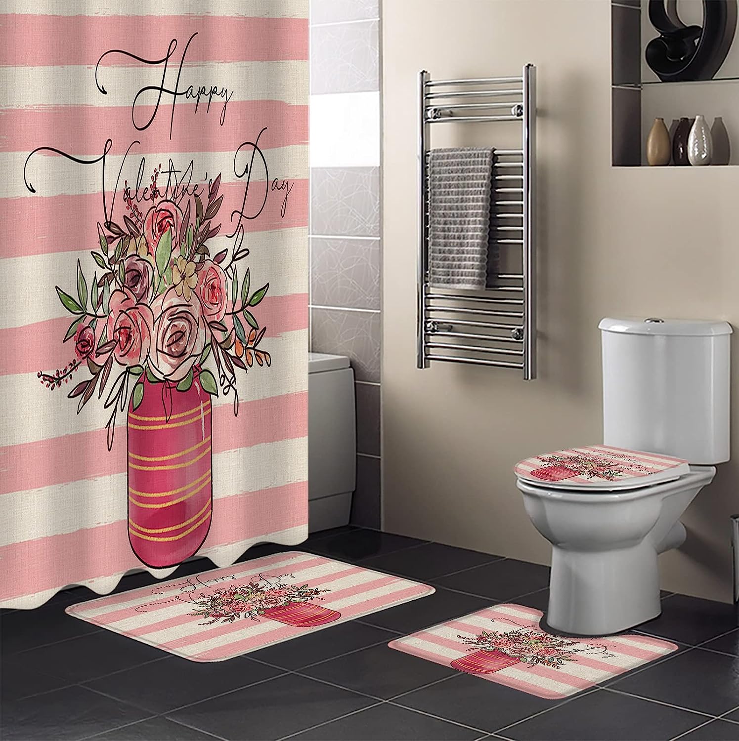 Pink Beige Striped Roses Flowers Burlap Print Shower Curtain for Valentine's Day
