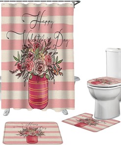 Pink Beige Striped Roses Flowers Burlap Print Shower Curtain for Valentine's Day