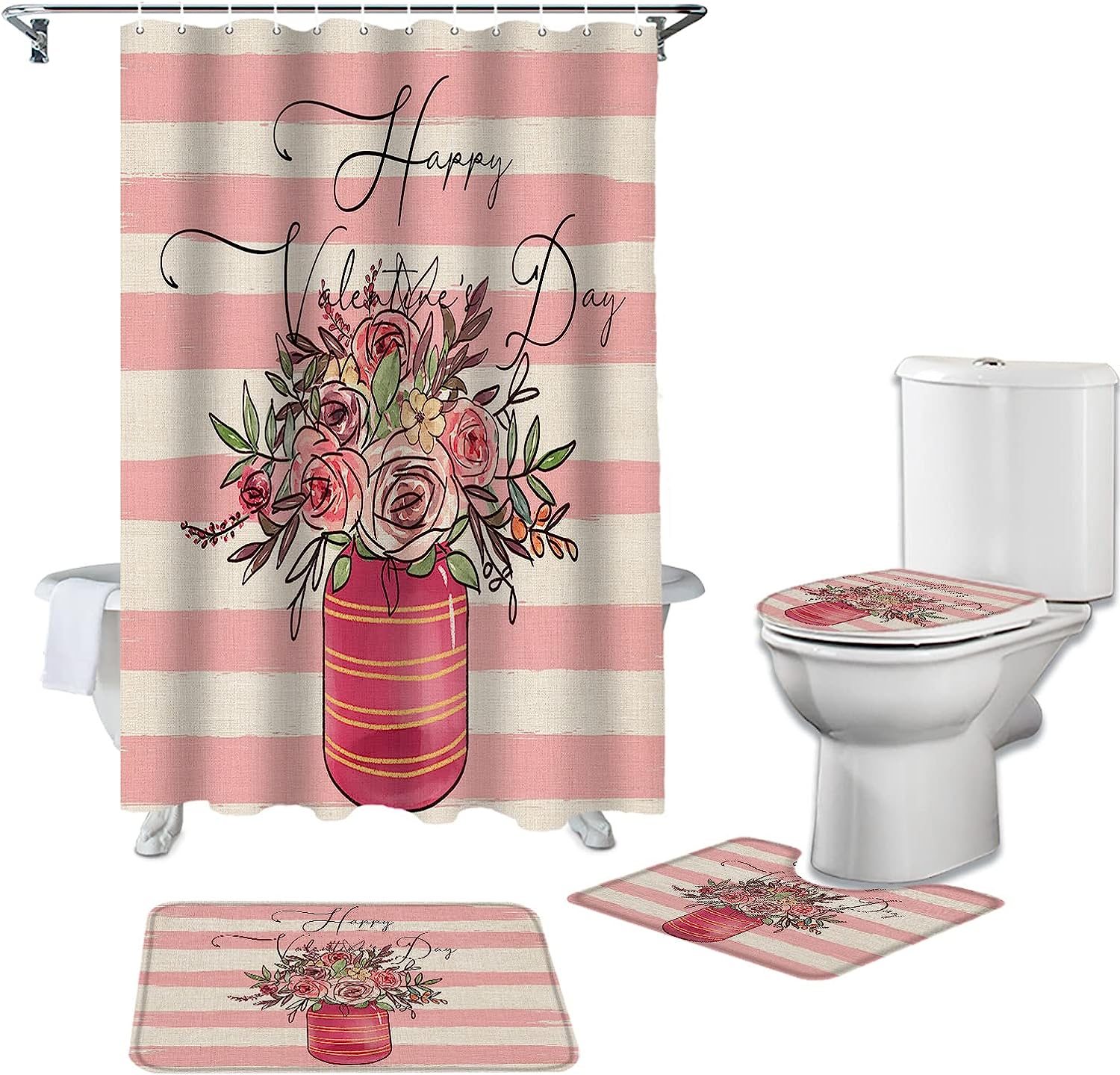 Pink Beige Striped Roses Flowers Burlap Print Shower Curtain for Valentine's Day