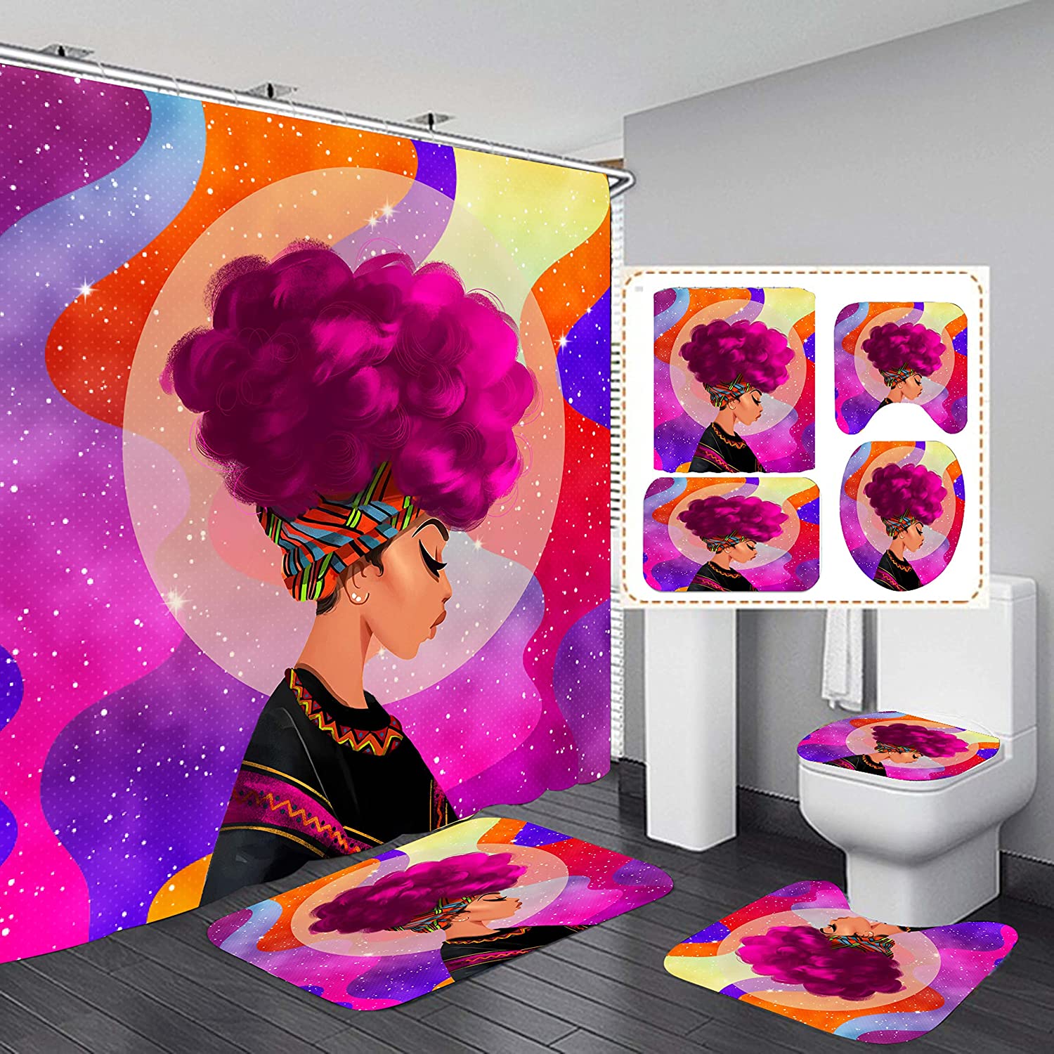 Pink Black Girl Bathroom Decor Shower Curtain Set