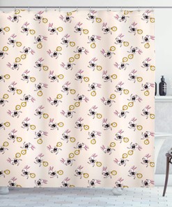 Pink Black Yellow Alice In Wonderland Shower Curtain With White Rabbit Dancing In The Sky