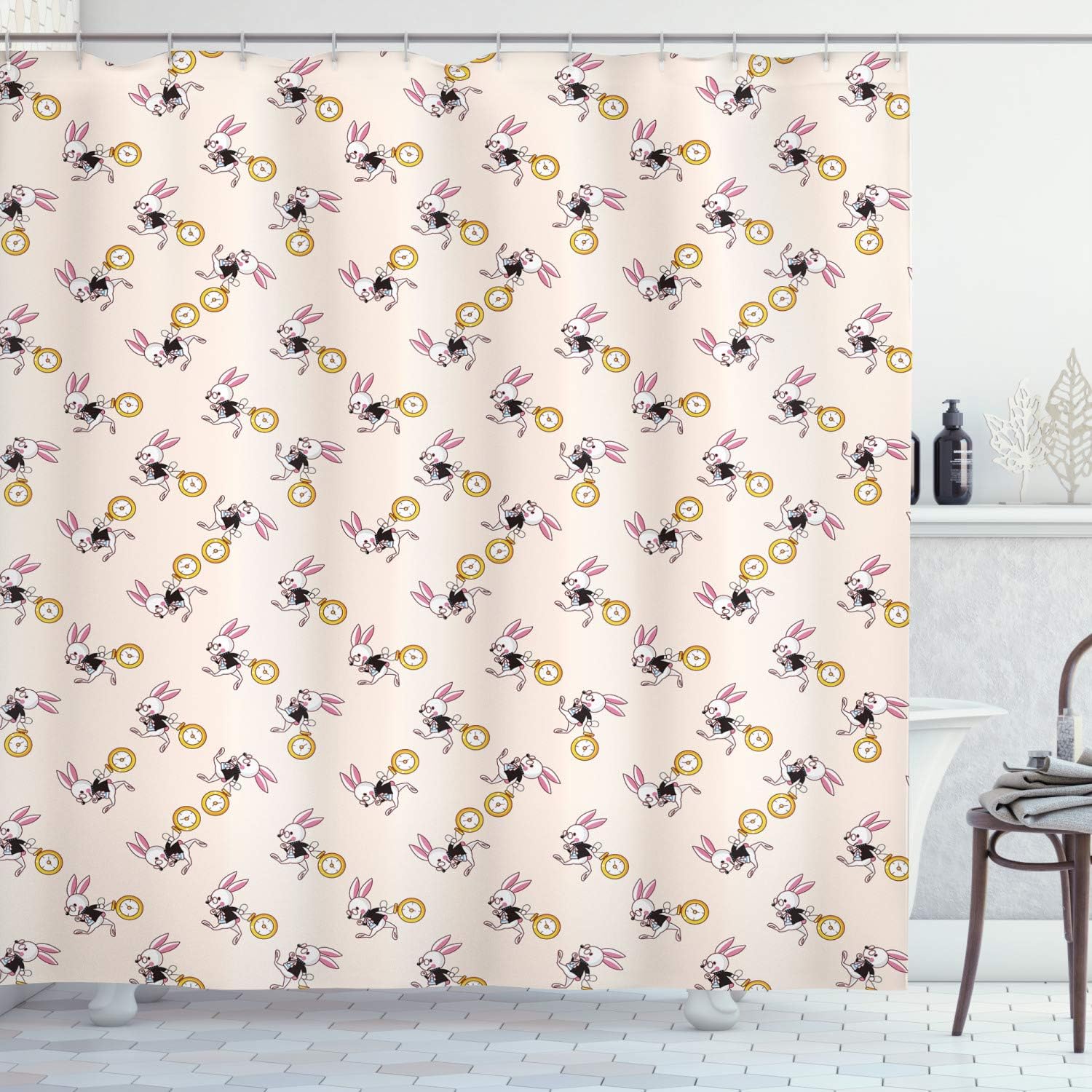 Pink Black Yellow Alice In Wonderland Shower Curtain With White Rabbit Dancing In The Sky