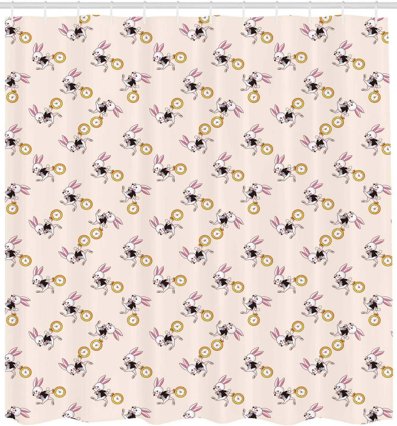 Pink Black Yellow Alice In Wonderland Shower Curtain With White Rabbit Dancing In The Sky - Image 2