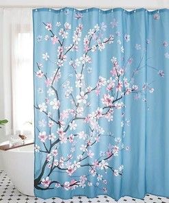 Pink Blossom Blue Banana Leaf Shower Curtain With Watercolor Flower Pattern For Bathroom Decor