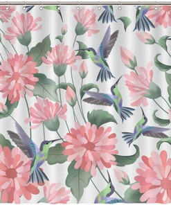 Pink Blossom with Hummingbird Shower Curtain - Watercolor Floral Bathroom Decor 