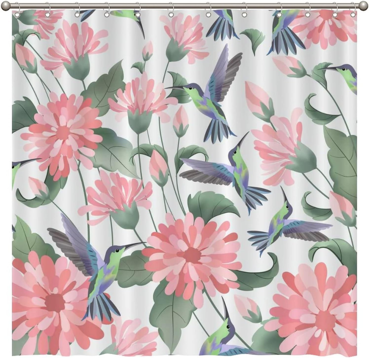 Pink Blossom with Hummingbird Shower Curtain - Watercolor Floral Bathroom Decor