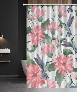 Pink Blossom with Hummingbird Shower Curtain - Watercolor Floral Bathroom Decor