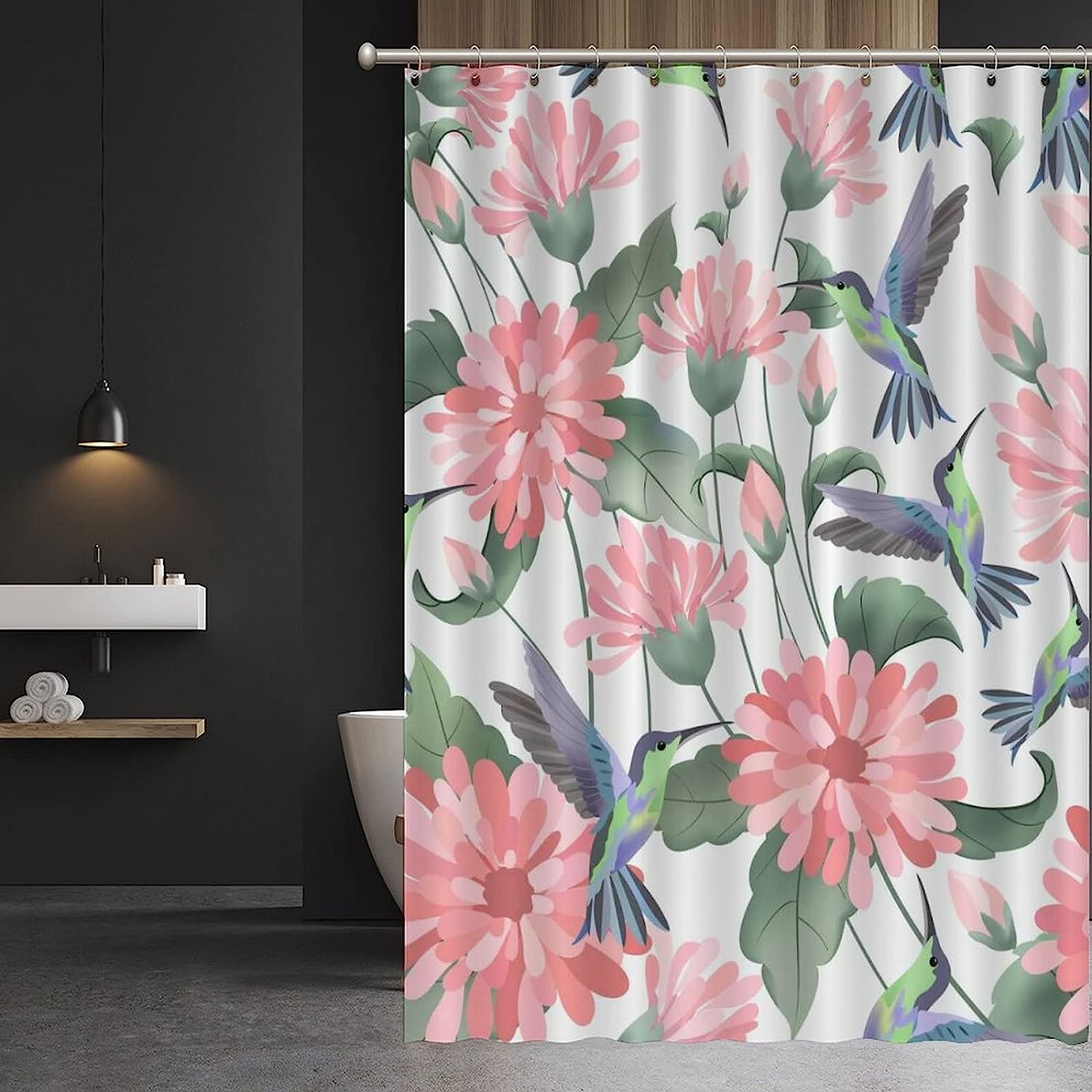 Pink Blossom with Hummingbird Shower Curtain - Watercolor Floral Bathroom Decor