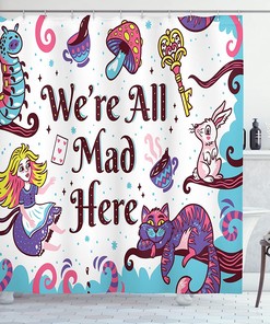 Pink Blue Purple Alice In Wonderland Shower Curtain With We Are All Mad Here Words