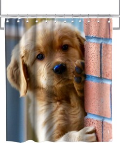Pink Brick Wall Funny Dog Shower Curtain Ideas Waterproof Washable Pink Brown