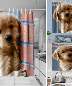Pink Brick Wall Funny Dog Shower Curtain Ideas Waterproof Washable Pink Brown