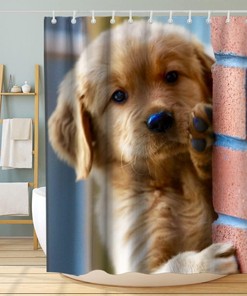 Pink Brick Wall Funny Dog Shower Curtain Ideas Waterproof Washable Pink Brown