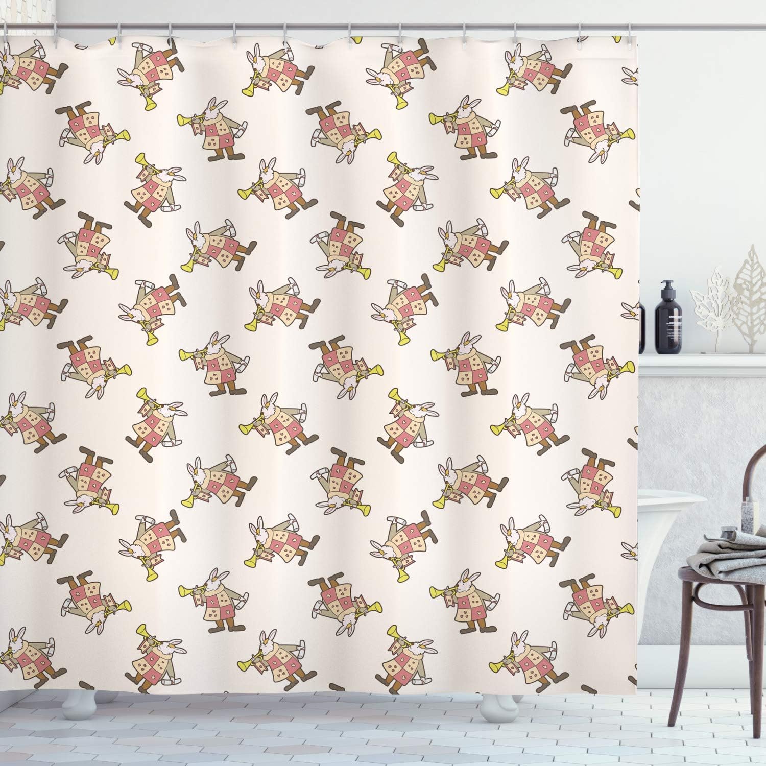 Pink Brown Yellow Alice In Wonderland White Rabbit Playing Music Artwork Shower Curtain